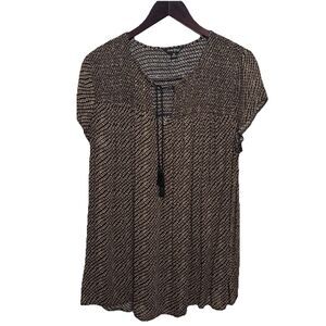 Lucky Brand Boho Blouse Women’s Large Black Diamond Pattern Short Sleeve Top